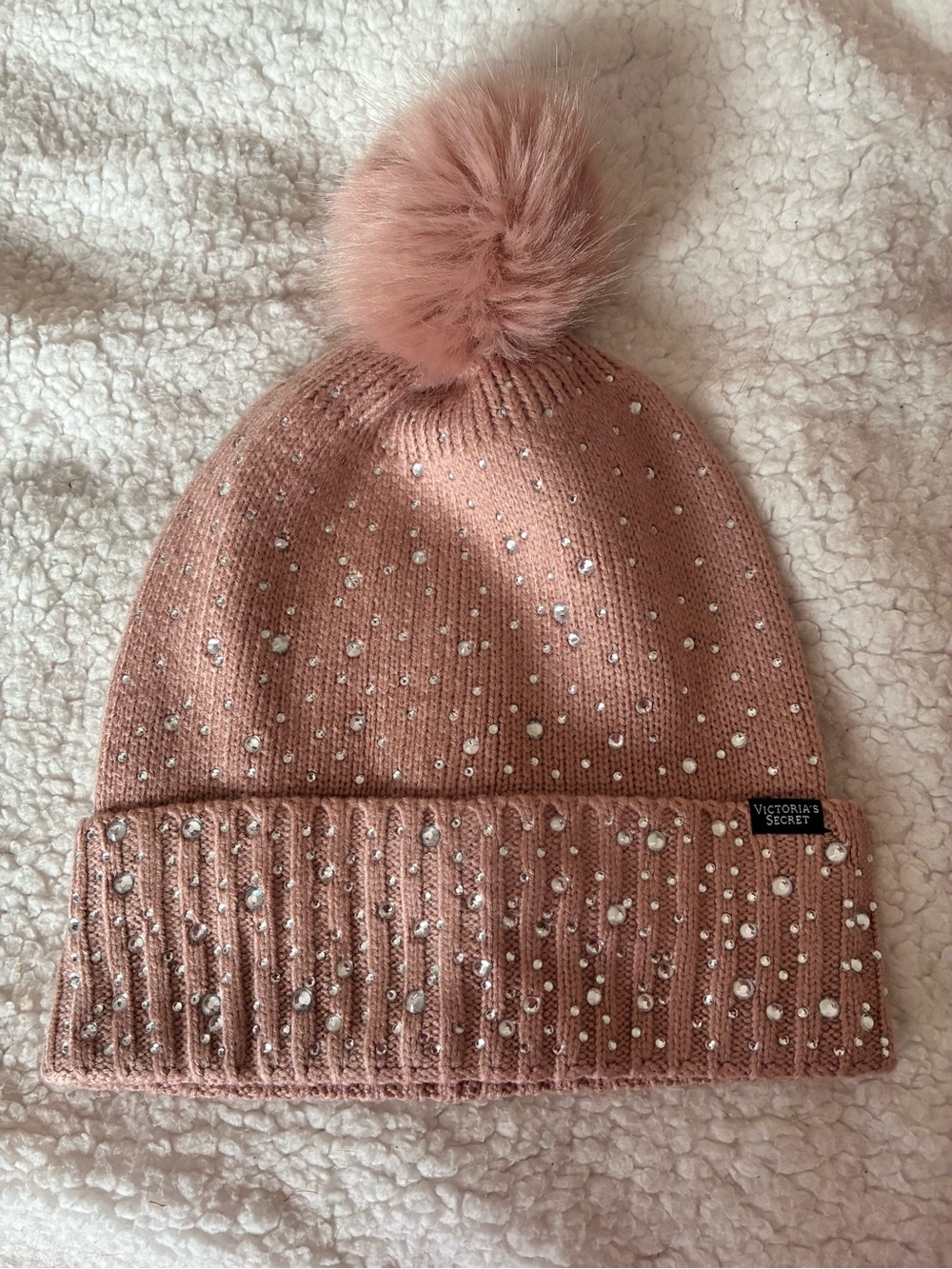 Victoria's Secret Dusty Pink Rhinestone Pom Pom Beanie